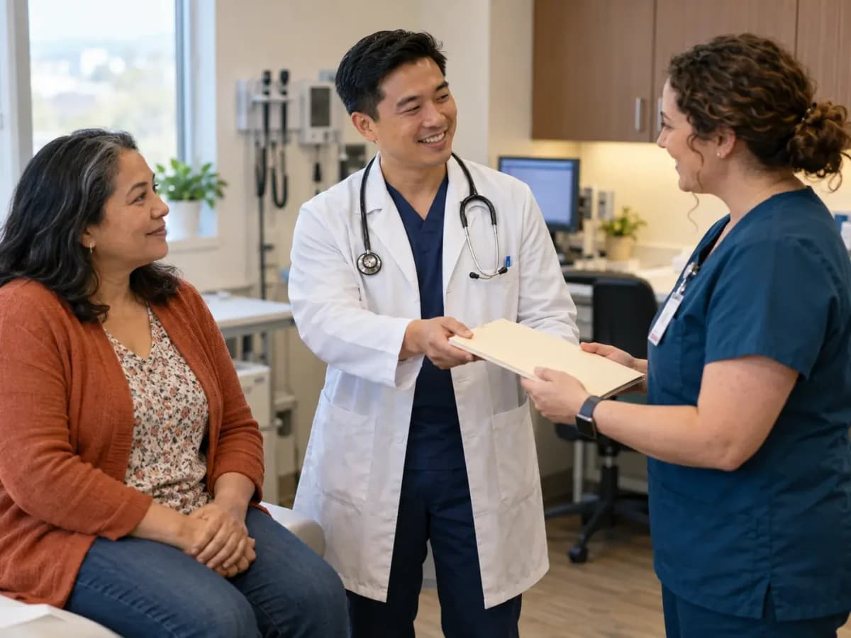 Clinician, patient, and healthcare colleague sharing a warm clinic interaction