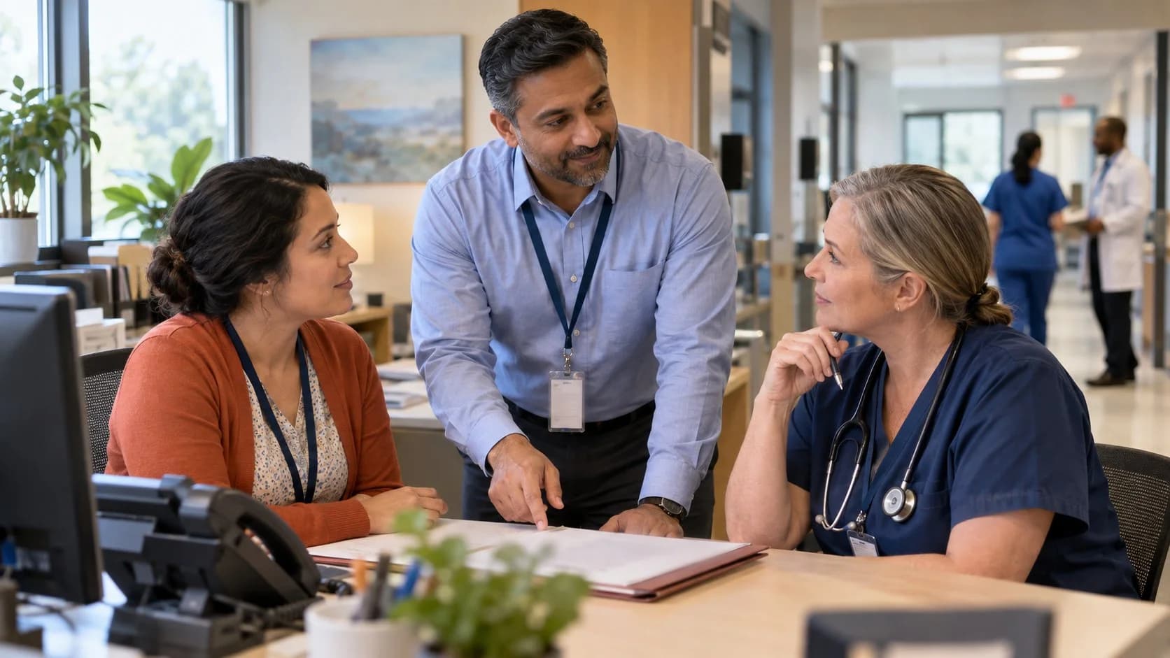 Patient-access coordinator and clinician resolving an authorization issue