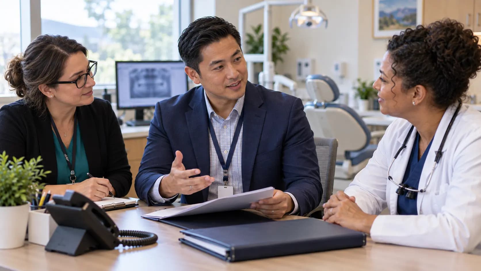 Practice manager and clinician reviewing payer requirements with a specialist