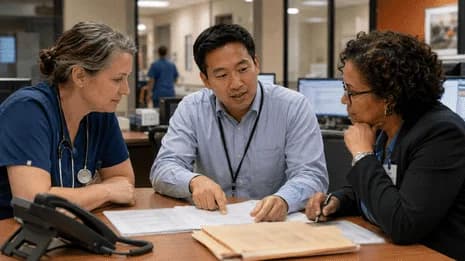 Denial-resolution specialist and clinician reviewing a claim together