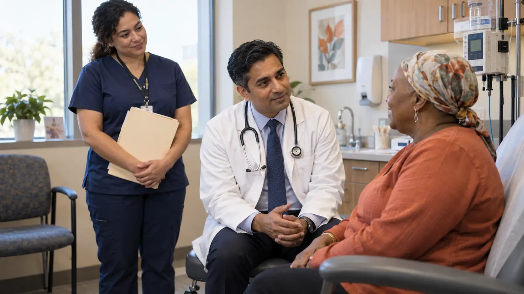 Hematology clinician and patient sharing a warm, attentive moment in a clinic