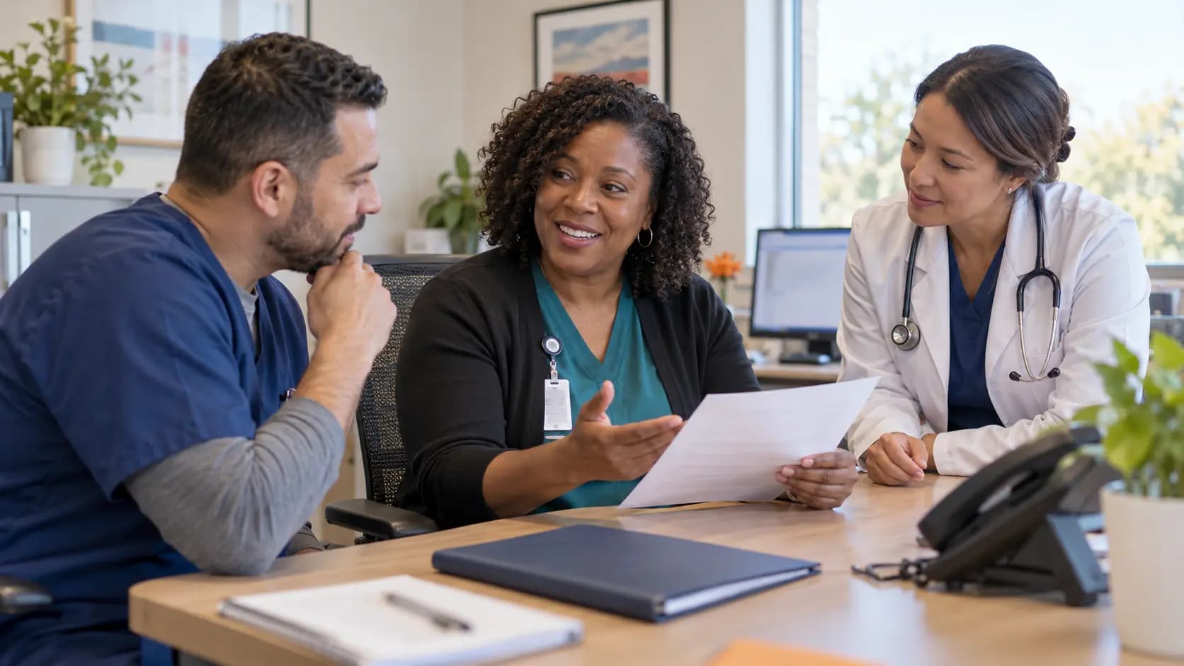 Practice manager and clinician reviewing payer requirements with a specialist