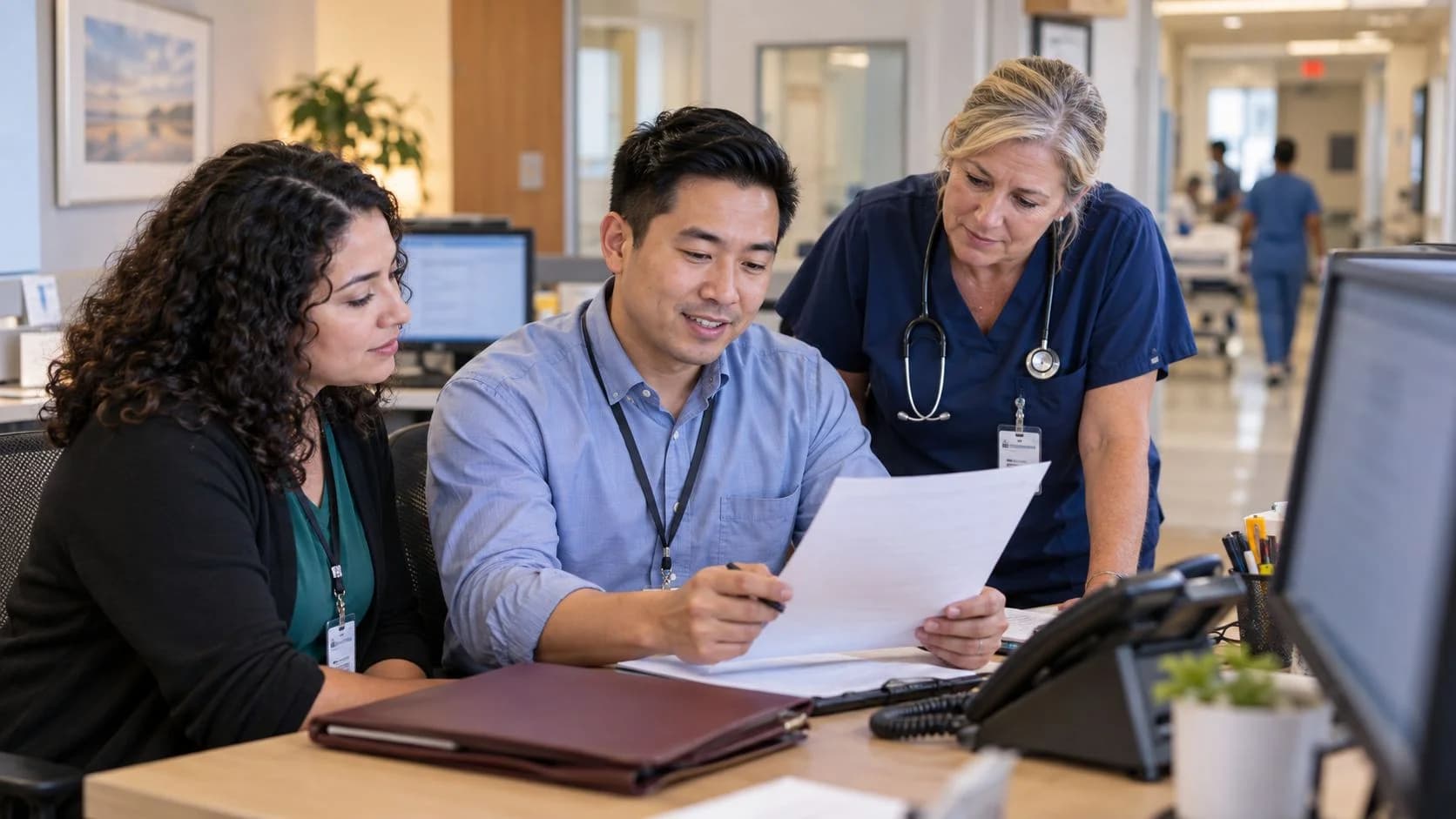 Patient-access coordinator and clinician resolving an authorization issue