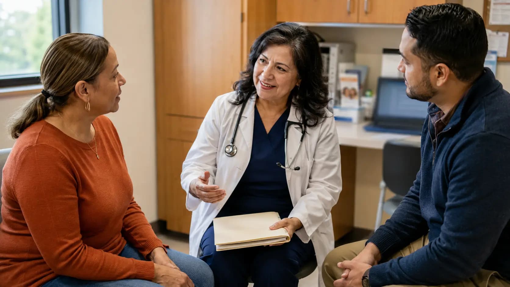 Clinician, patient, and healthcare colleague sharing a warm clinic interaction