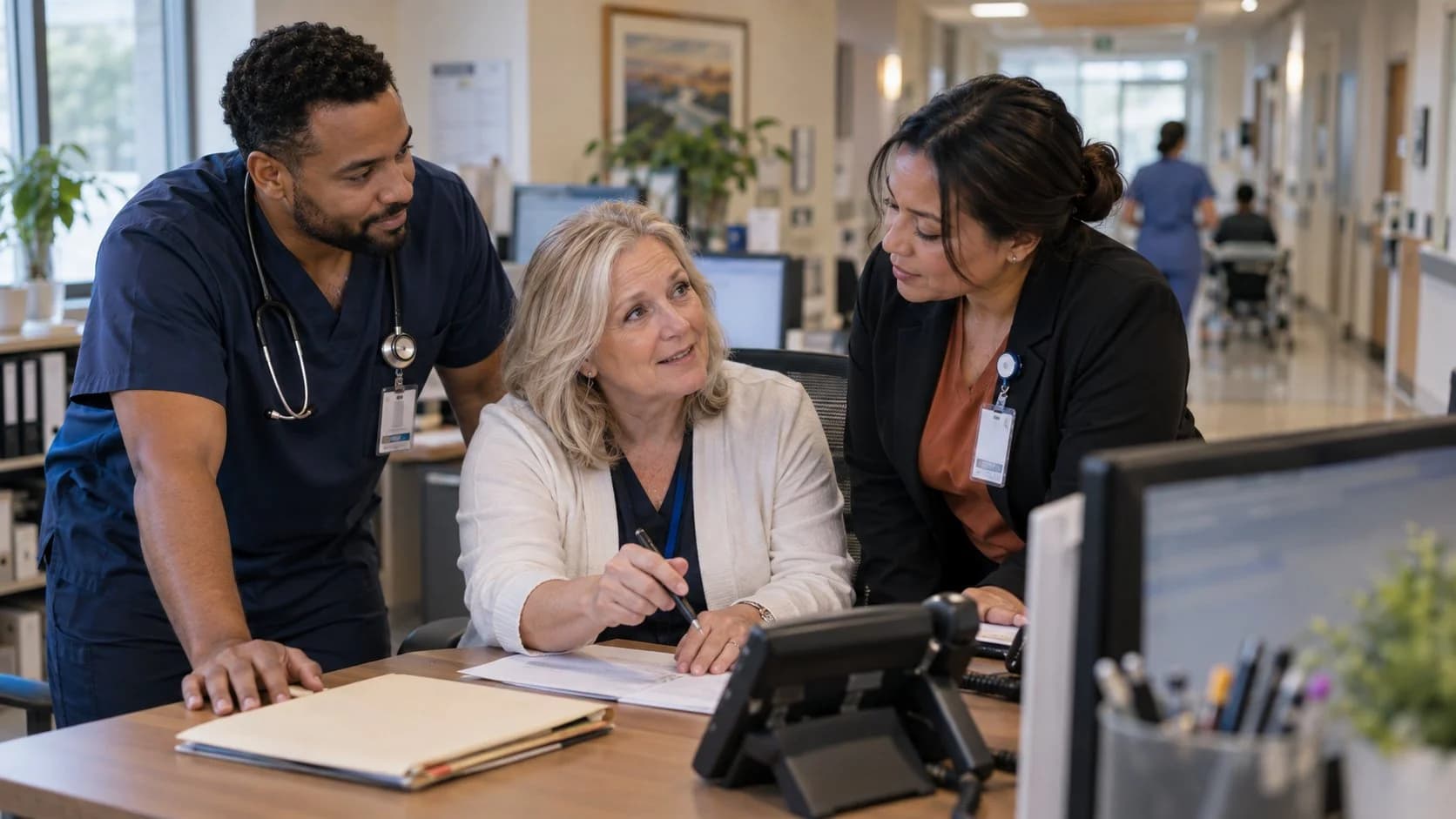 Denial-resolution specialist and clinician reviewing a claim together