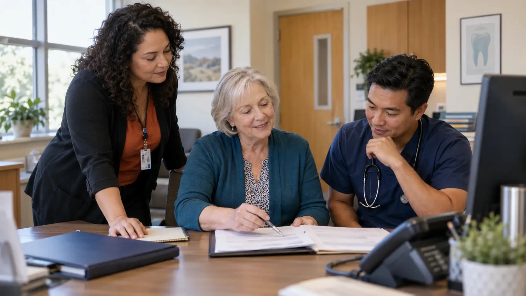 Practice manager and clinician reviewing payer requirements with a specialist