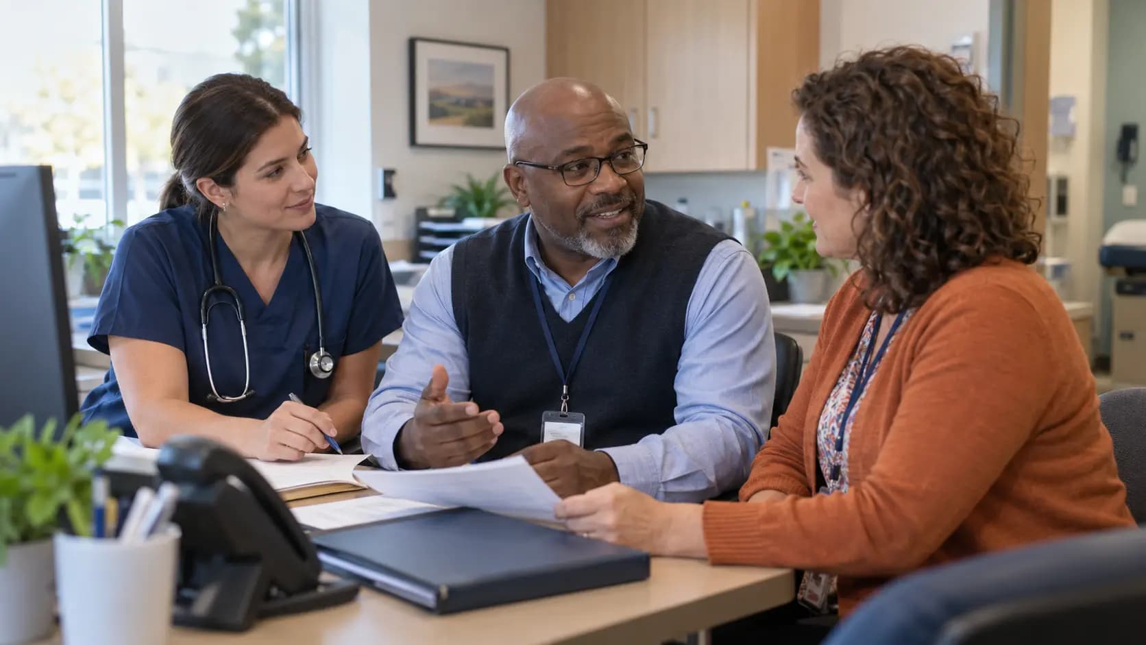 Practice manager and clinician reviewing payer requirements with a specialist