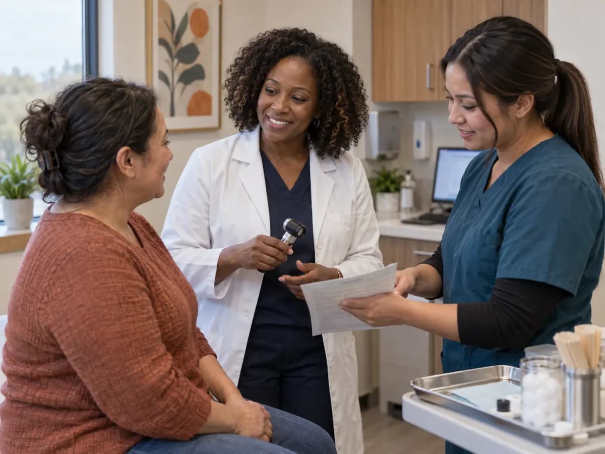Dermatology clinician and patient sharing a warm, attentive moment in a clinic