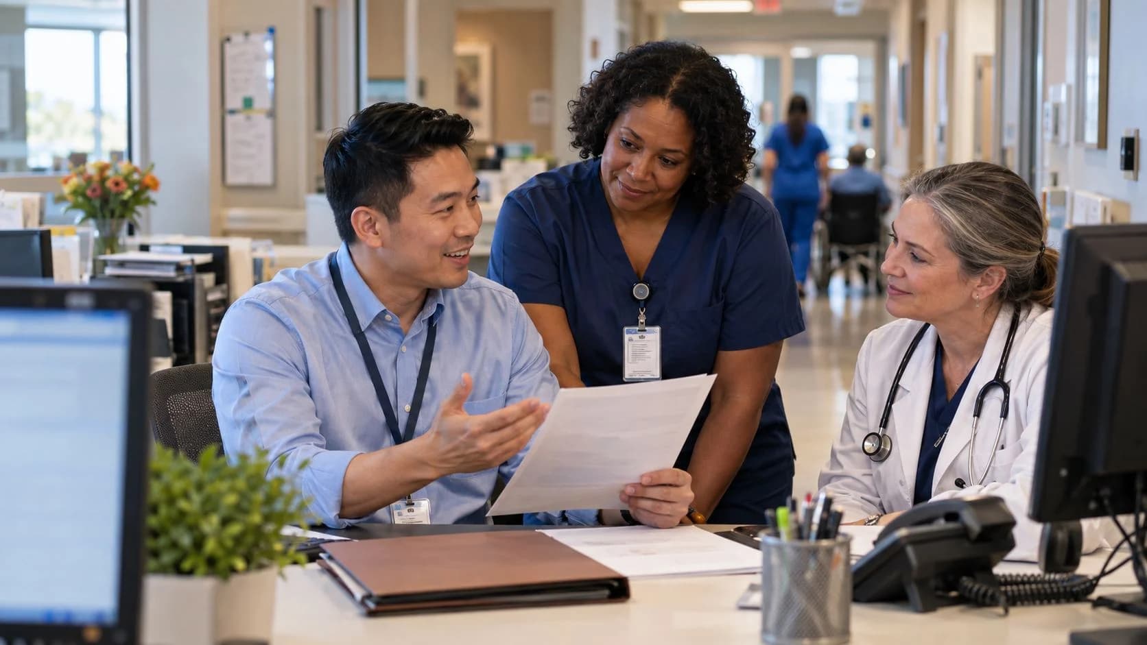 Patient-access coordinator and clinician resolving an authorization issue