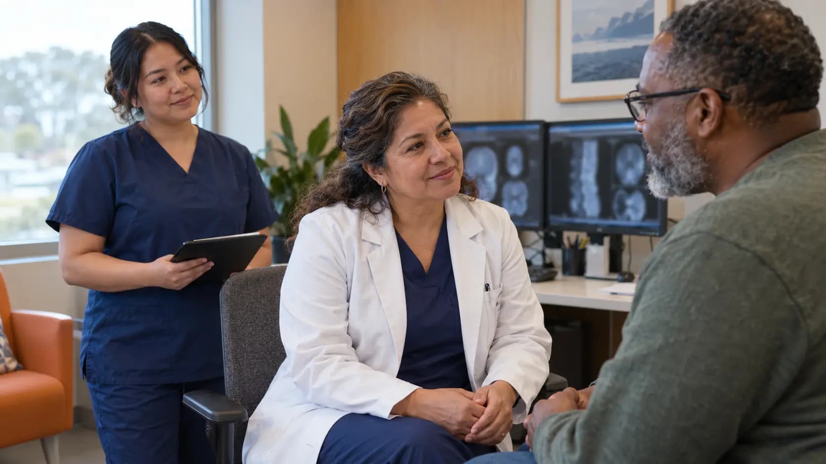 Radiology clinician and patient sharing a warm, attentive moment in a clinic