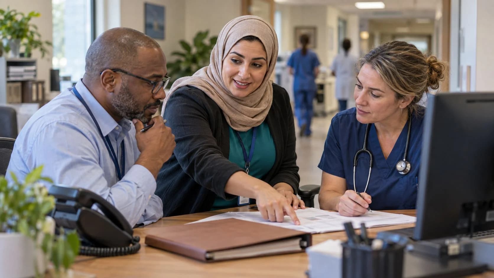 Denial-resolution specialist and clinician reviewing a claim together