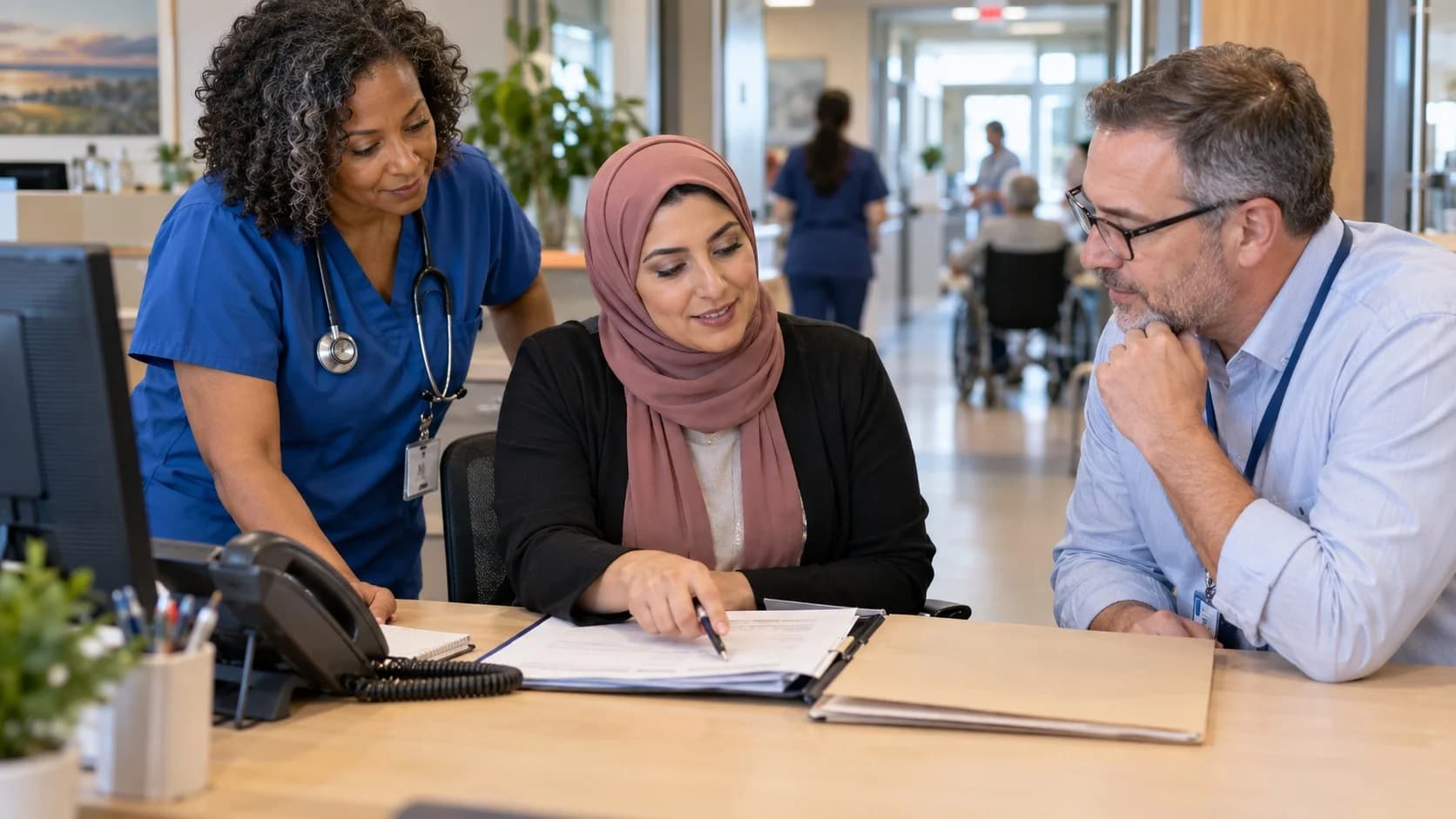 Denial-resolution specialist and clinician reviewing a claim together