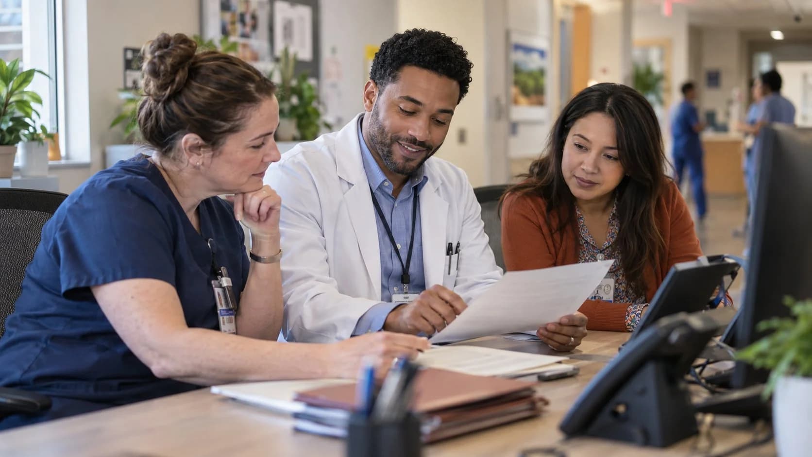 Physician advisor and utilization nurse reviewing documentation together