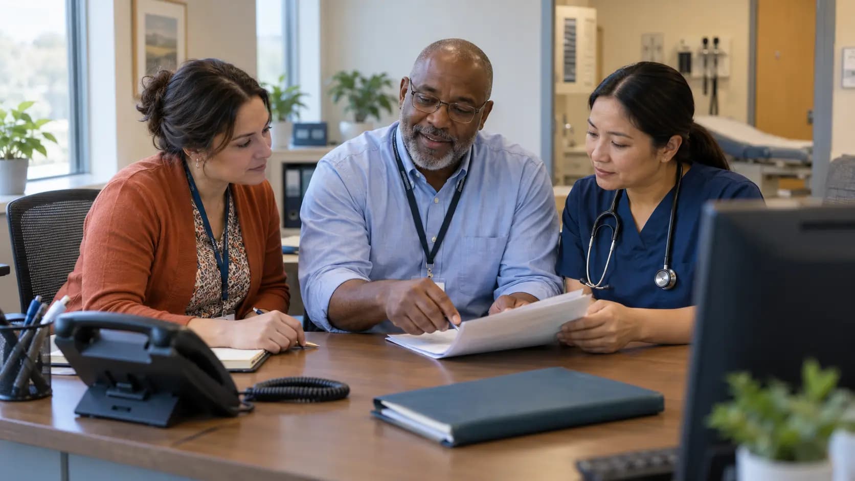 Practice manager and clinician reviewing payer requirements with a specialist
