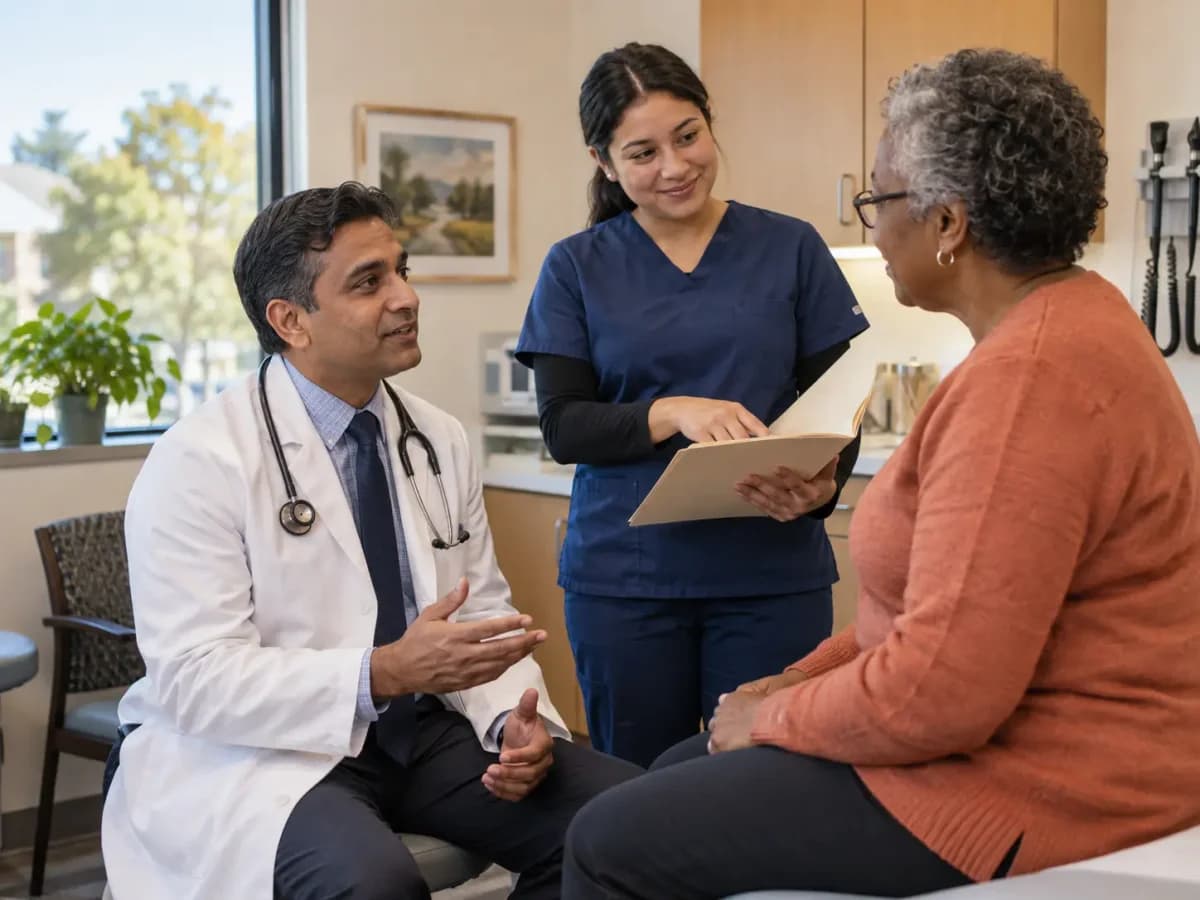 Internal Medicine clinician and patient sharing a warm, attentive moment in a clinic