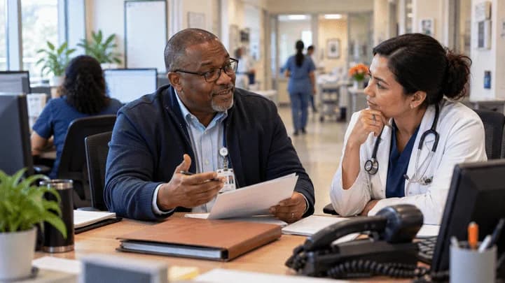 Medical coder and clinician resolving a claim detail together