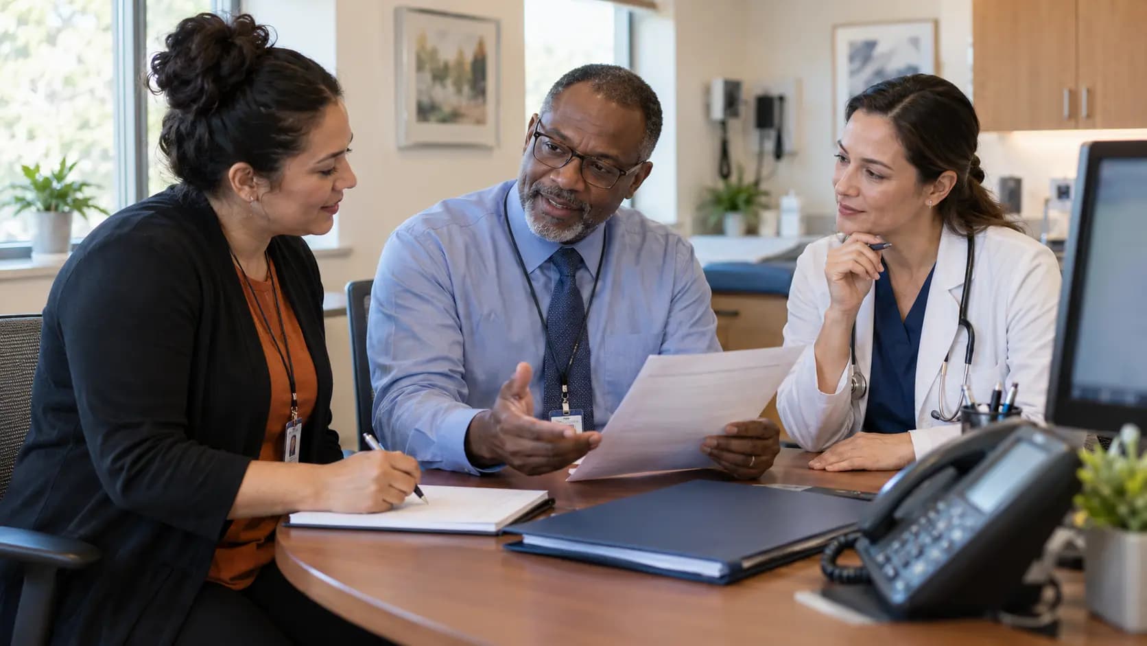 Practice manager and clinician reviewing payer requirements with a specialist