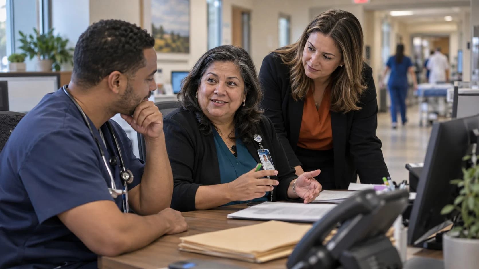 Denial-resolution specialist and clinician reviewing a claim together
