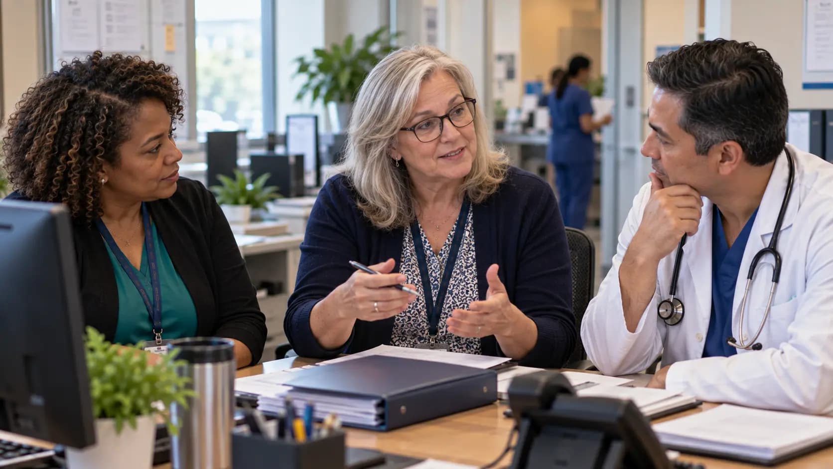 Practice manager and clinician reviewing payer requirements with a specialist