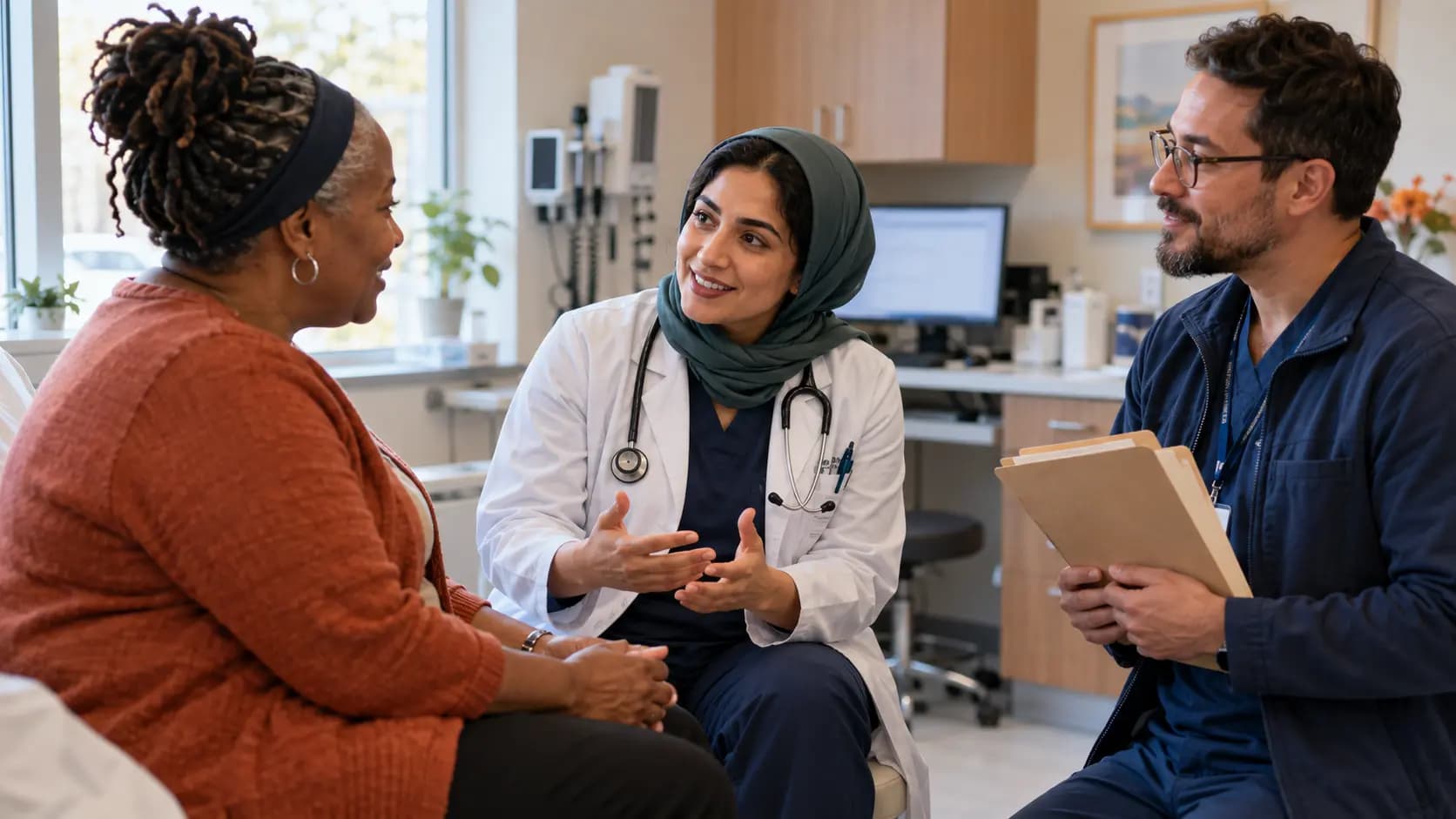 Clinician, patient, and healthcare colleague sharing a warm clinic interaction Clinician, patient, and healthcare colleague sharing a warm clinic interaction