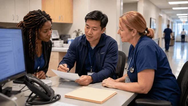 Patient-access coordinator and clinician resolving an authorization issue