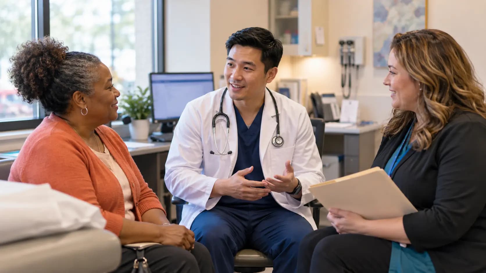 Clinician, patient, and healthcare colleague sharing a warm clinic interaction