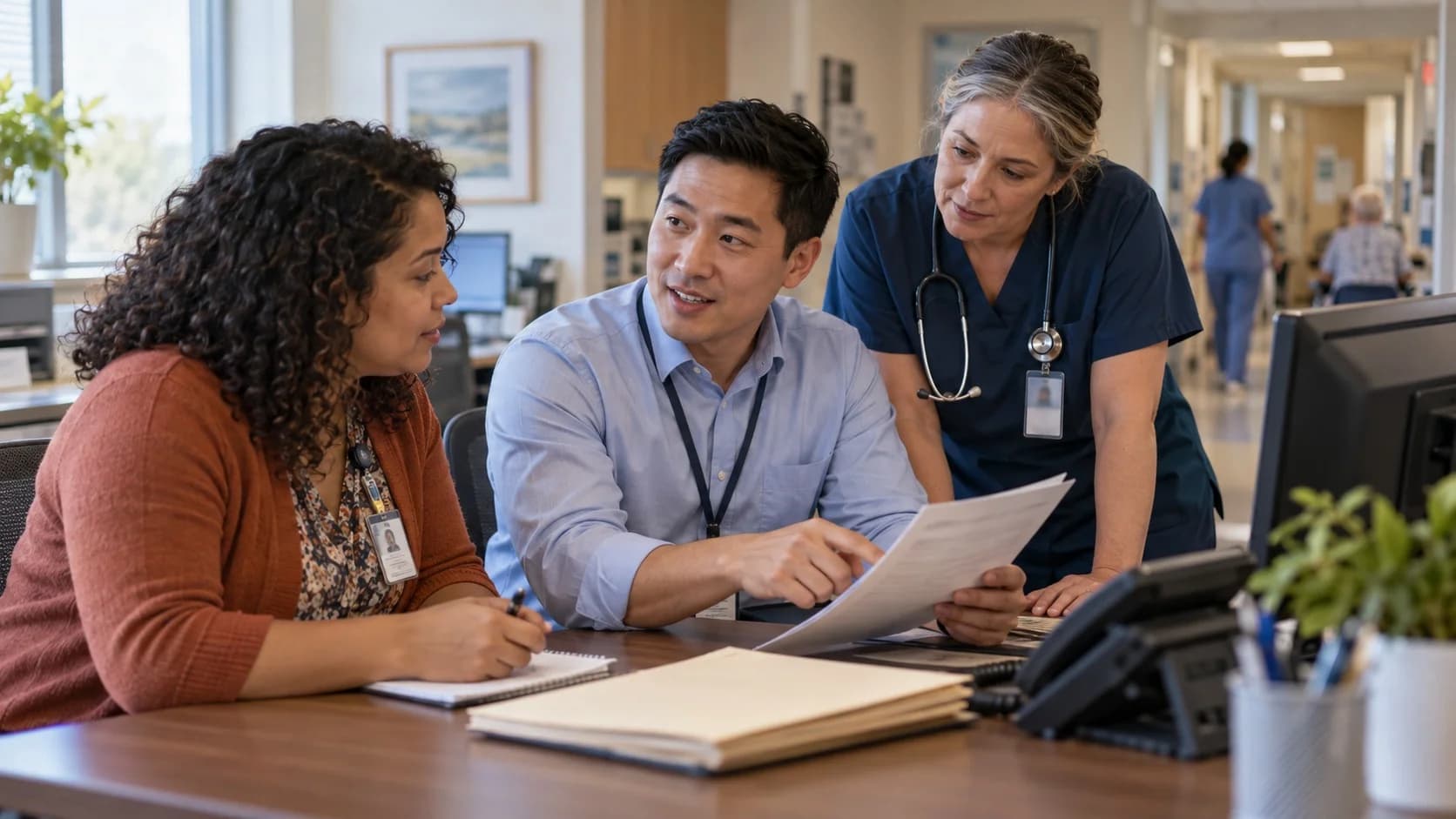 Patient-access coordinator and clinician resolving an authorization issue