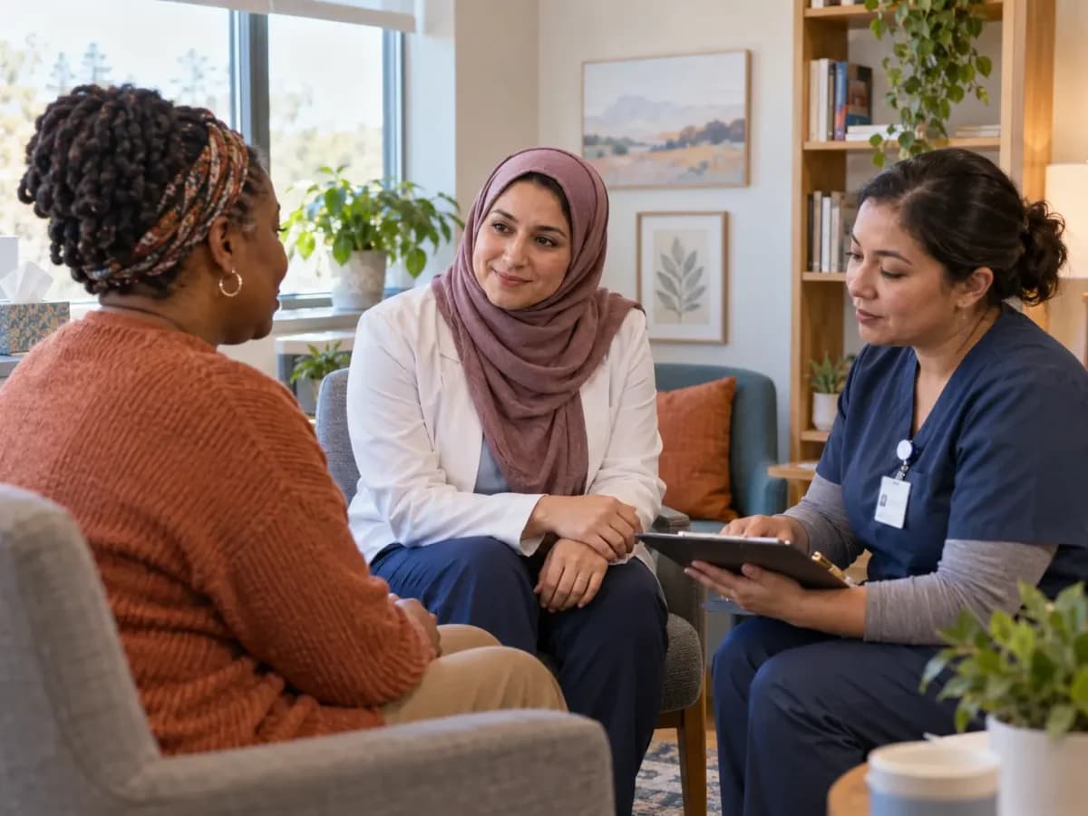 Behavioral Health clinician and patient sharing a warm, attentive moment in a clinic