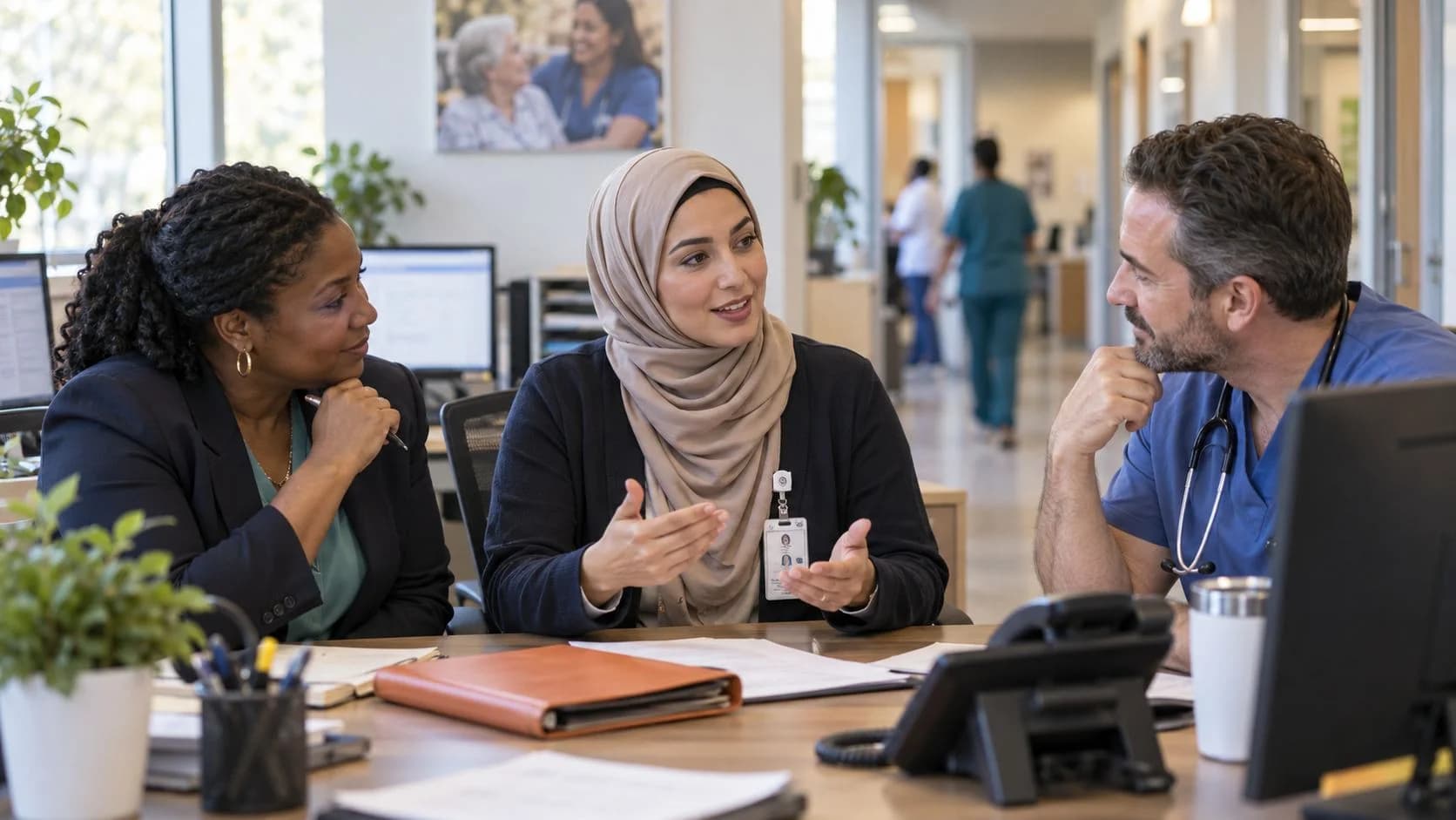 Denial-resolution specialist and clinician reviewing a claim together