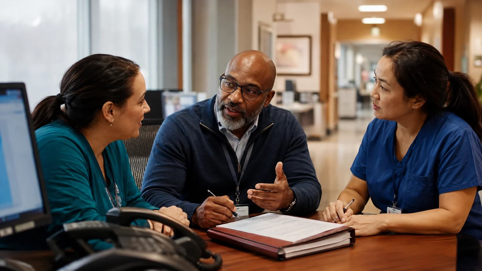 Patient-access coordinator and clinician resolving an authorization issue