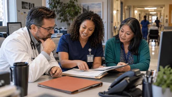 Physician advisor and utilization nurse reviewing documentation together