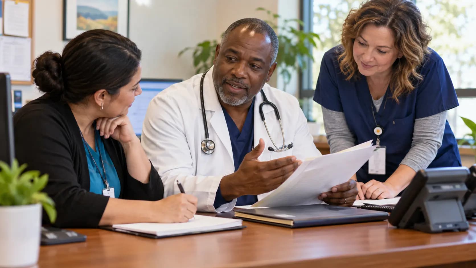 Practice manager and clinician reviewing payer requirements with a specialist