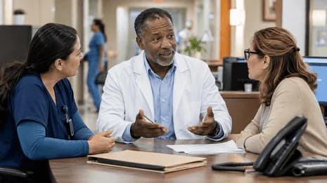 Physician advisor and utilization nurse reviewing documentation together