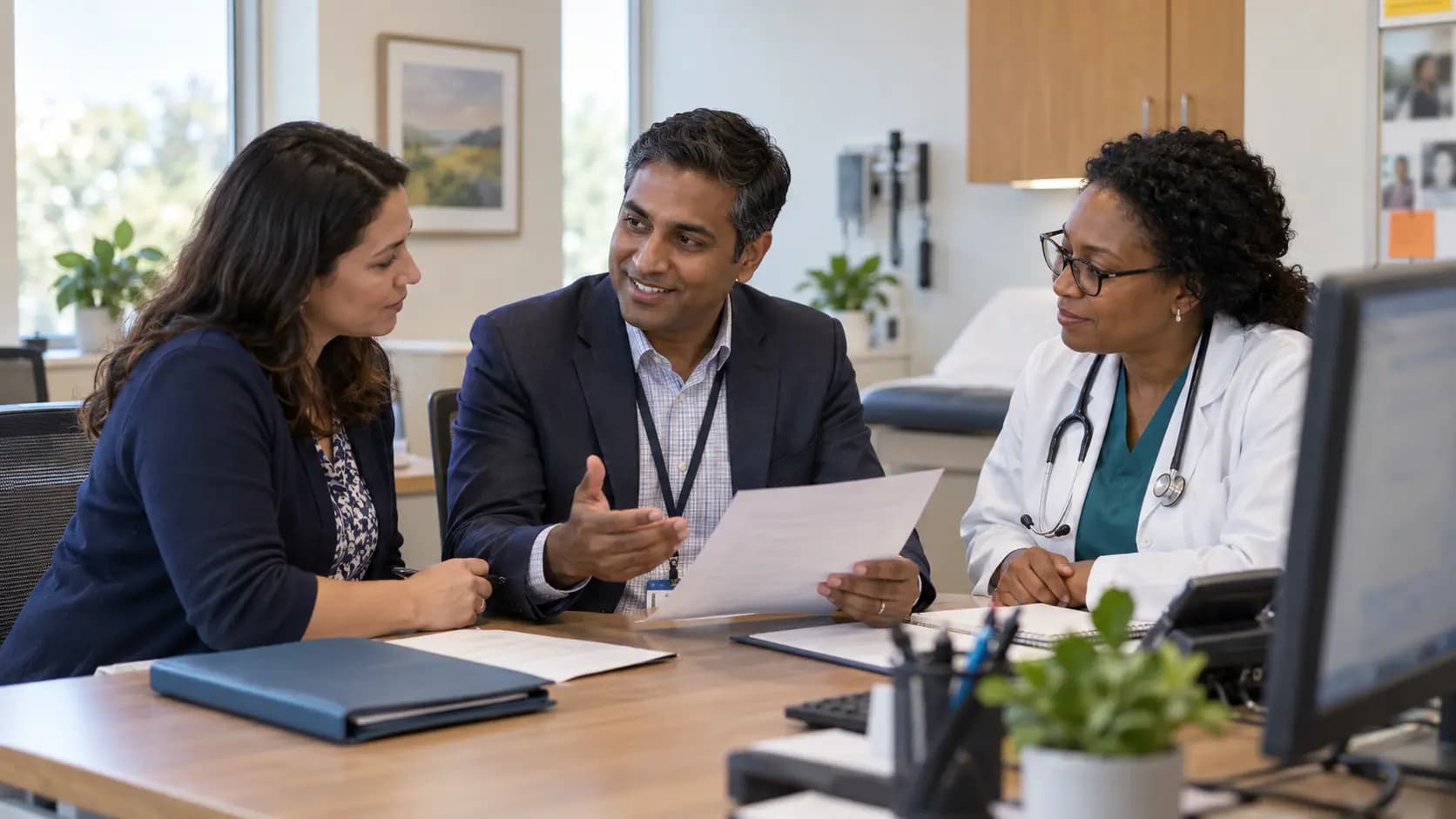 Practice manager and clinician reviewing payer requirements with a specialist
