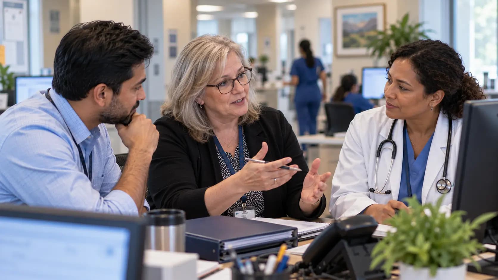 Practice manager and clinician reviewing payer requirements with a specialist