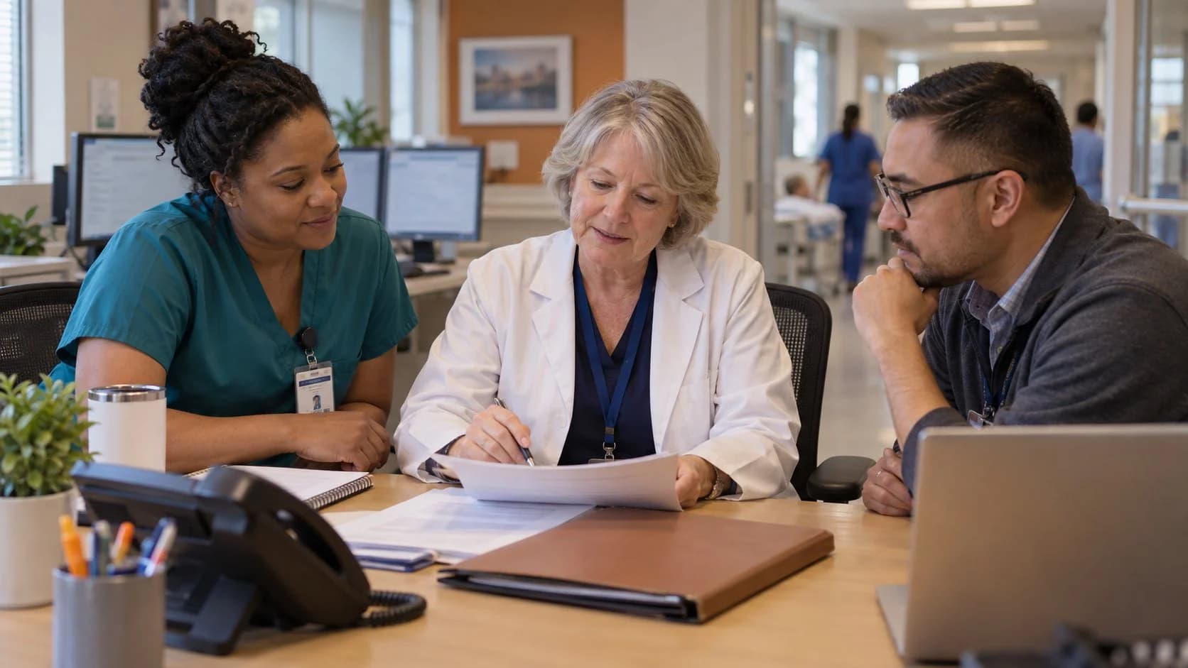 Physician advisor and utilization nurse reviewing documentation together