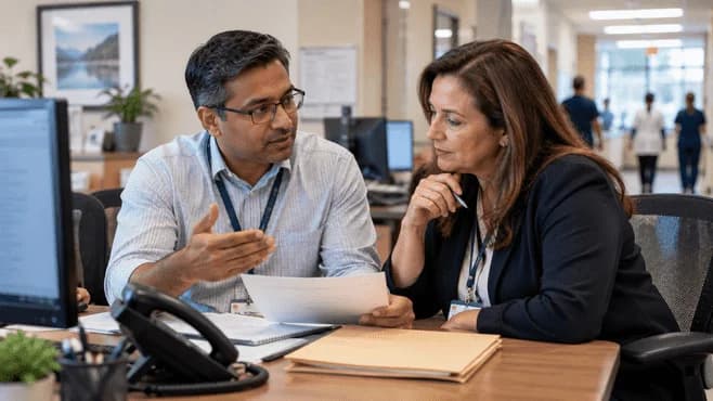 Reimbursement analyst and revenue manager reviewing a payment variance