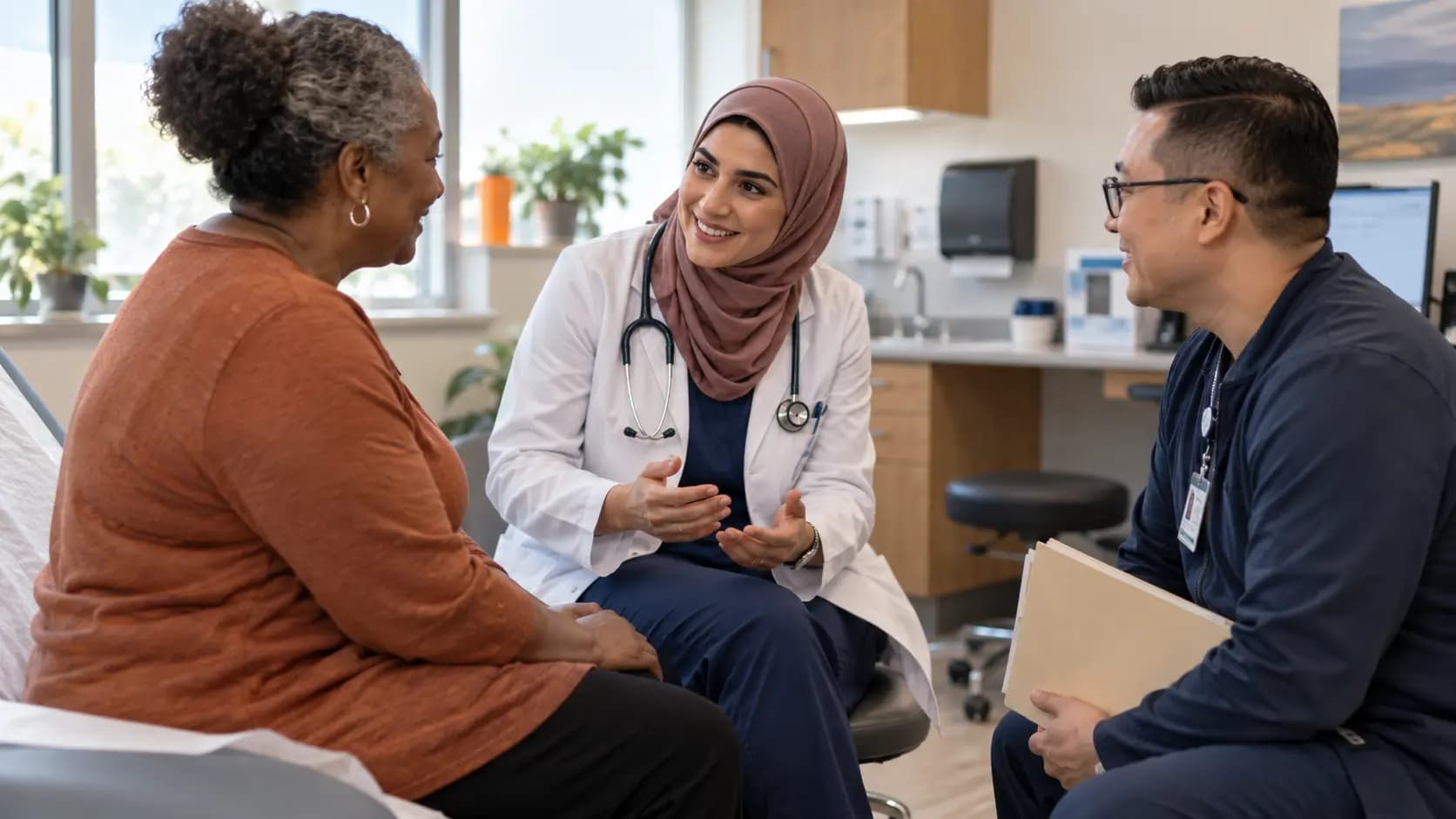 Clinician, patient, and healthcare colleague sharing a warm clinic interaction Clinician, patient, and healthcare colleague sharing a warm clinic interaction