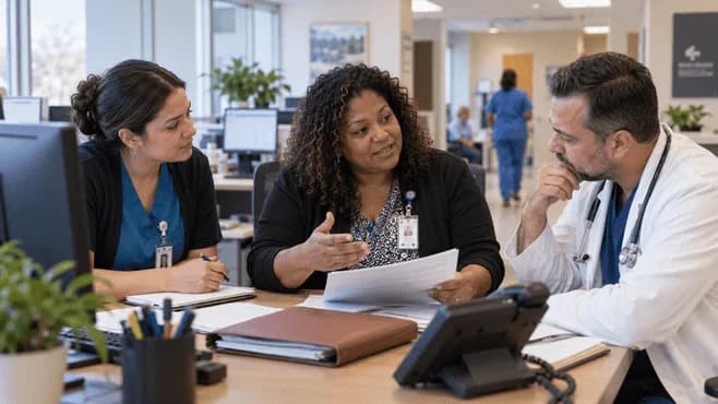 Patient-access coordinator and clinician resolving an authorization issue
