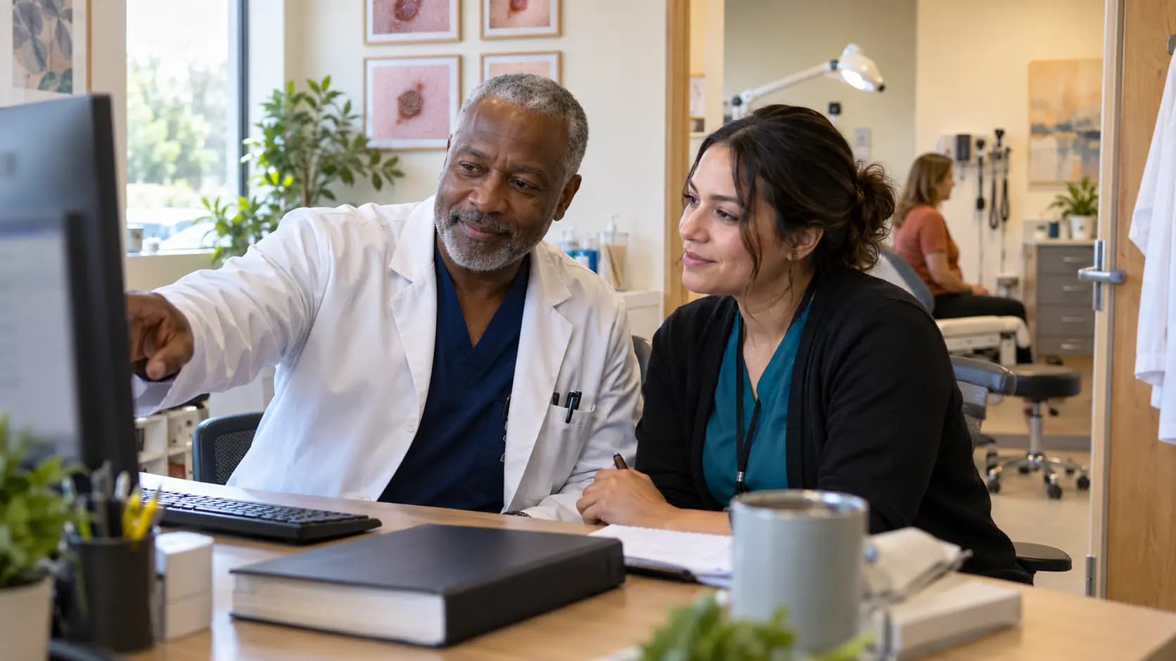 Medical coder and clinician resolving documentation together Medical coder and clinician resolving documentation together