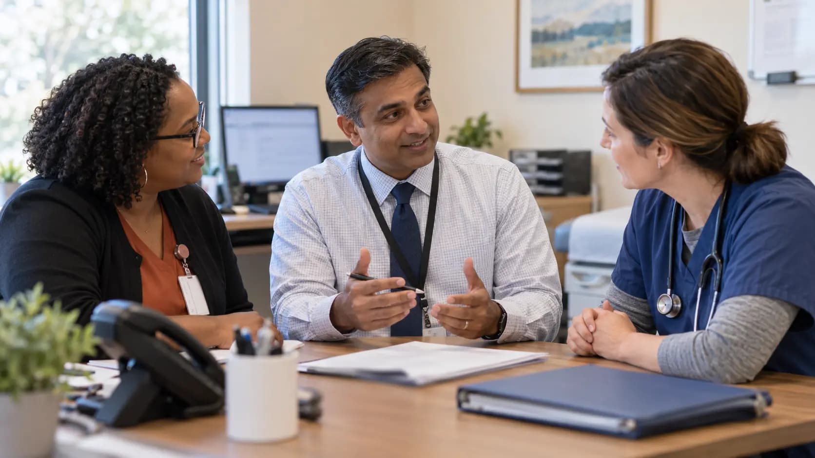 Practice manager and clinician reviewing payer requirements with a specialist