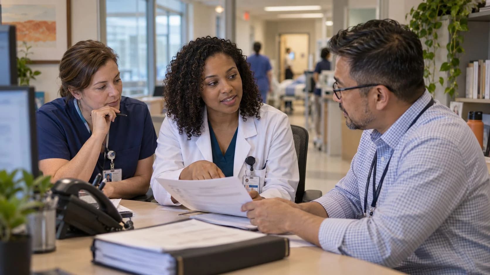 Physician advisor and utilization nurse reviewing documentation together