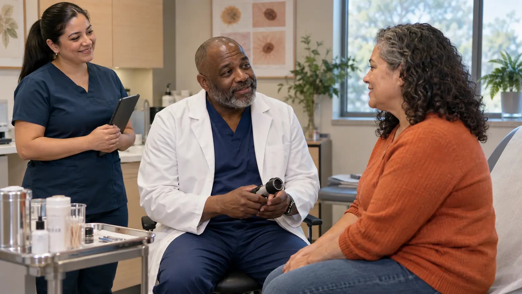 Dermatology clinician and patient sharing a warm, attentive moment in a clinic