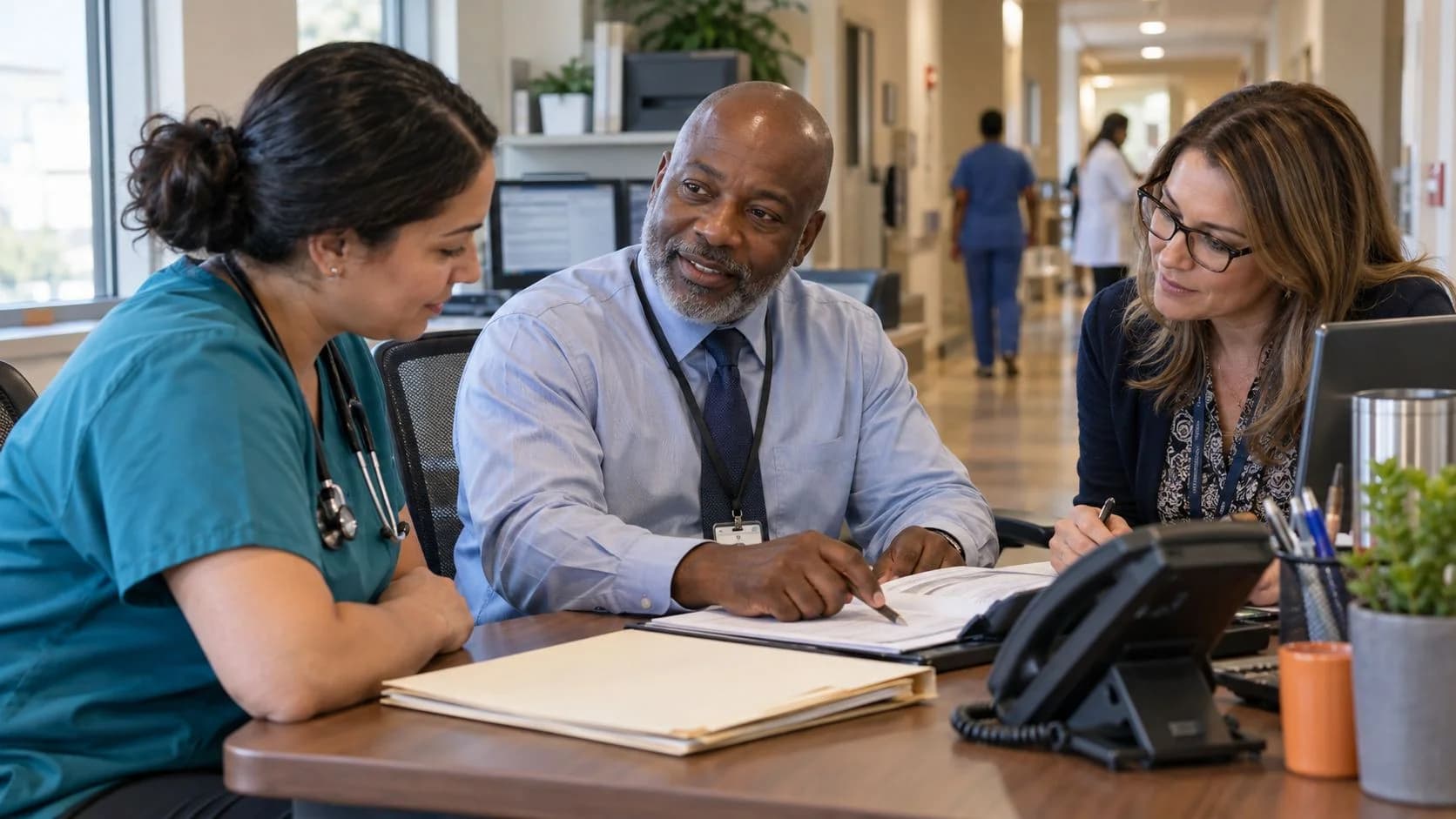 Denial-resolution specialist and clinician reviewing a claim together