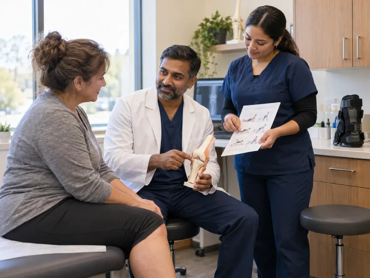 Orthopedics clinician and patient sharing a warm, attentive moment in a clinic
