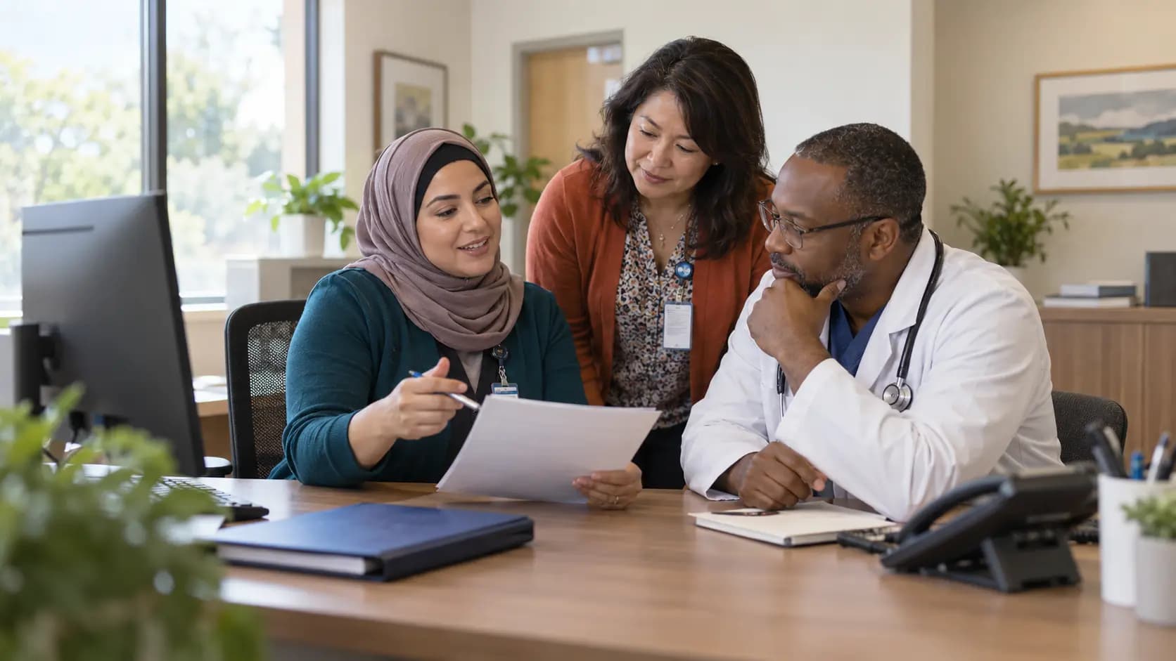 Practice manager and clinician reviewing payer requirements with a specialist