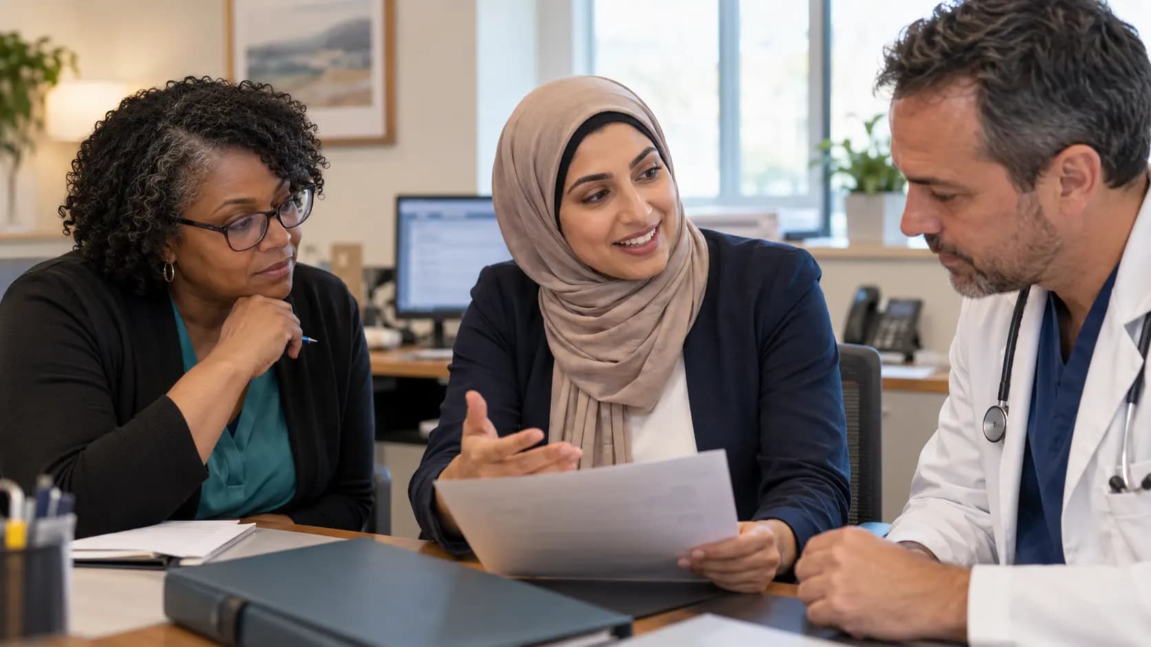 Practice manager and clinician reviewing payer requirements with a specialist