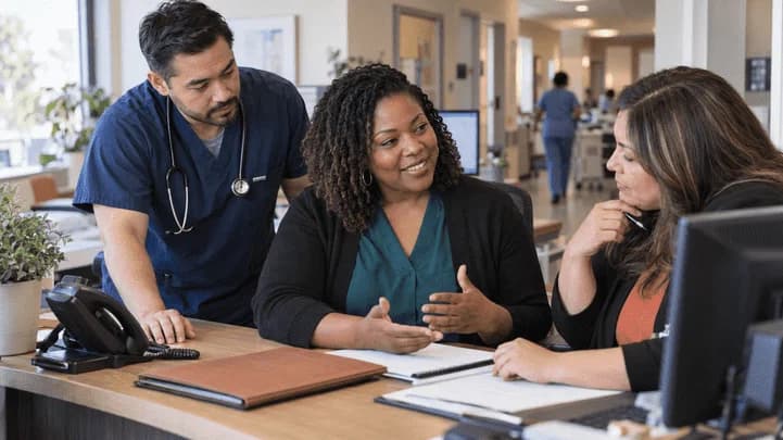 Denial-resolution specialist and clinician reviewing a claim together