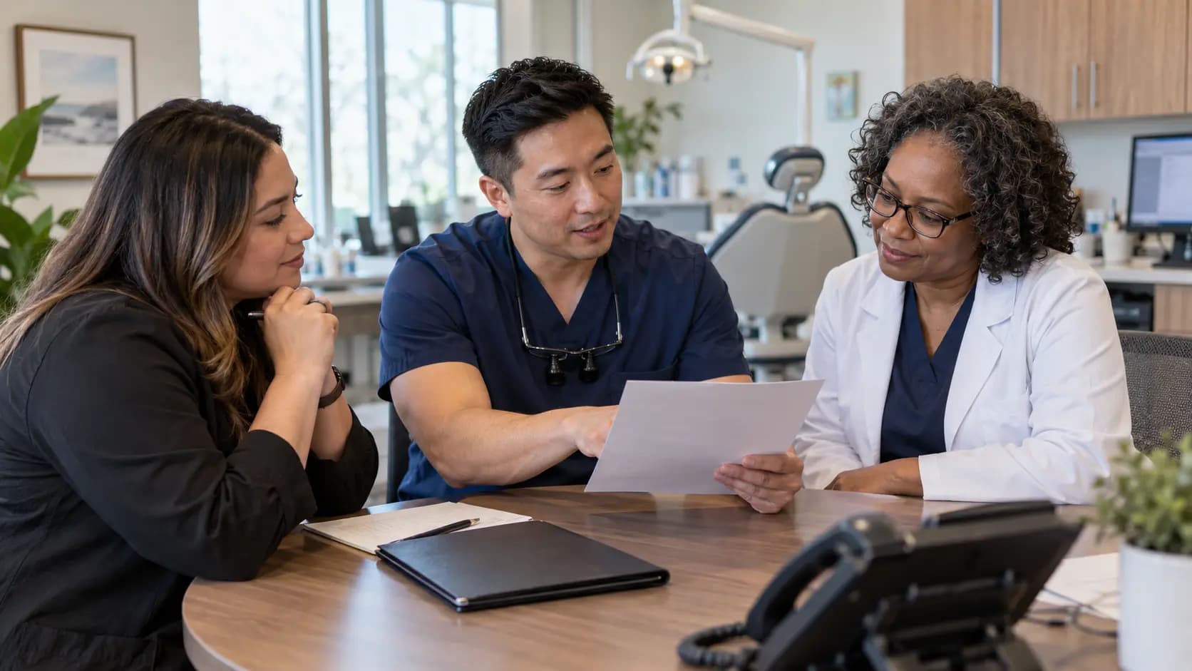 Practice manager and clinician reviewing payer requirements with a specialist