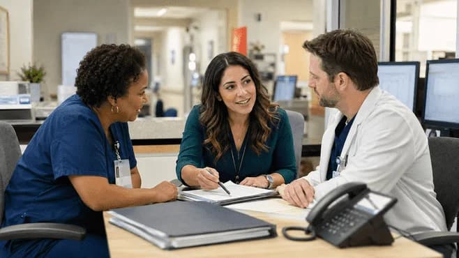 Patient-access coordinator and clinician resolving an authorization issue
